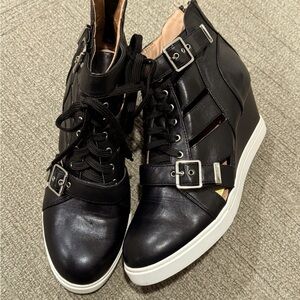 Lines Paulo Wedge Sneaker. Sz 10. Black with Straps/Silver Buckle
